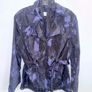 T Tahari Belted Jacket Blue Abstract Print Lightweight Trench Coat Size Medium